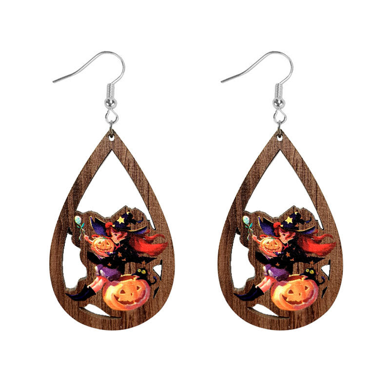 Wholesale Halloween Skeleton Pumpkin Witch Black Cat Spider Water Drop Hollow Wooden Earrings